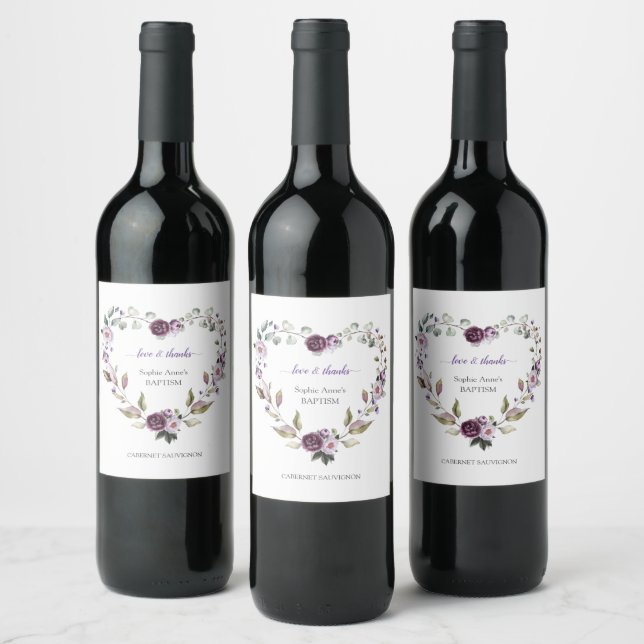 Delicate Purple Pink Peonies Flowers Baptism Wine Label (Bottles)
