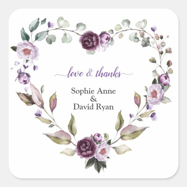 Delicate Purple Pink Peonies Flowers Wedding Square Sticker (Front)