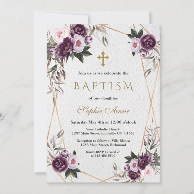 Delicate Purple Pink Peony Flowers Gold Baptism Invitation (Front)