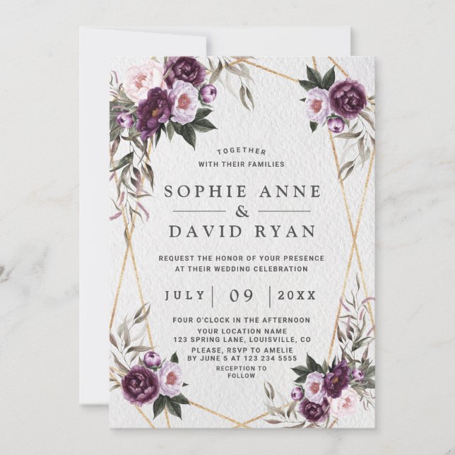 Delicate Purple Pink Peony Flowers Gold Wedding Invitation (Front)