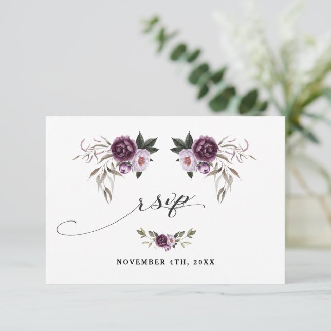 Delicate Purple Pink Peony Flowers Gold Wedding RSVP Card (Standing Front)