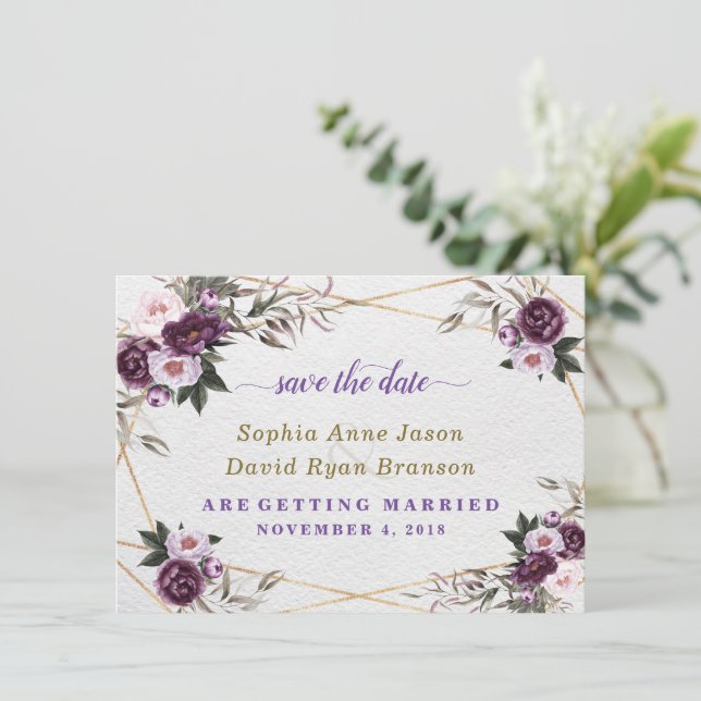 Delicate Purple Pink Peony Flowers Gold Wedding Save The Date (Standing Front)