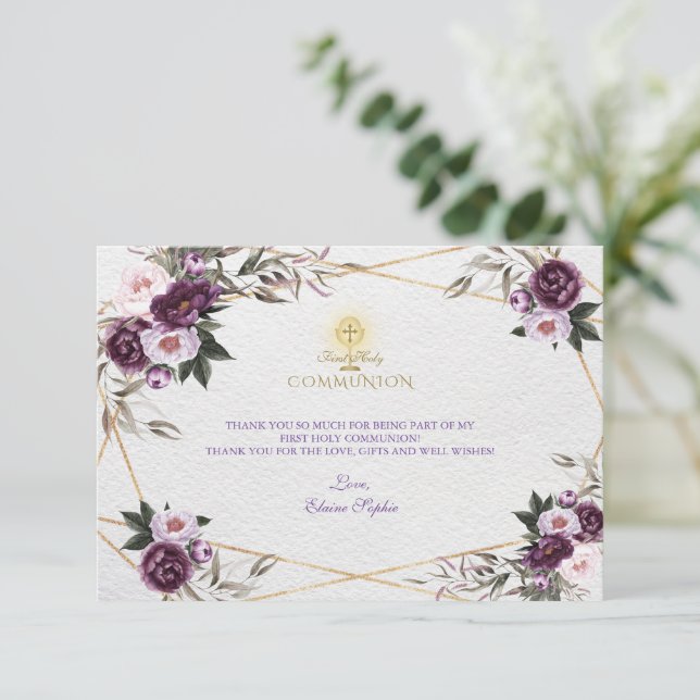 Delicate Purple Pink Peony Flowers Holy Communion Thank You Card (Standing Front)