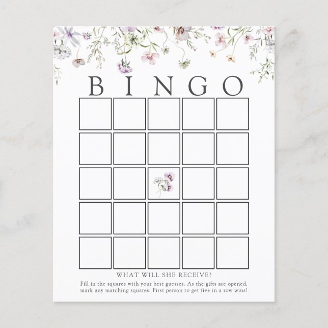 Delicate Purple Wildflower Baby Bingo Game Card (Front)