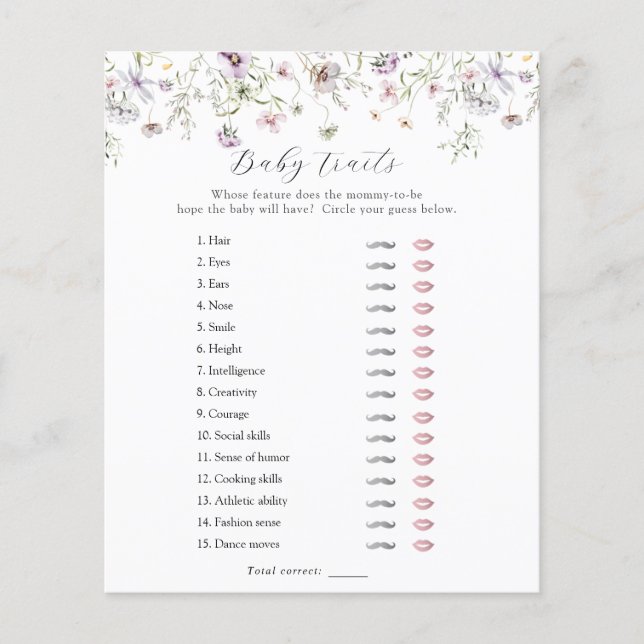 Delicate Purple Wildflower Baby Traits Shower Game (Front)