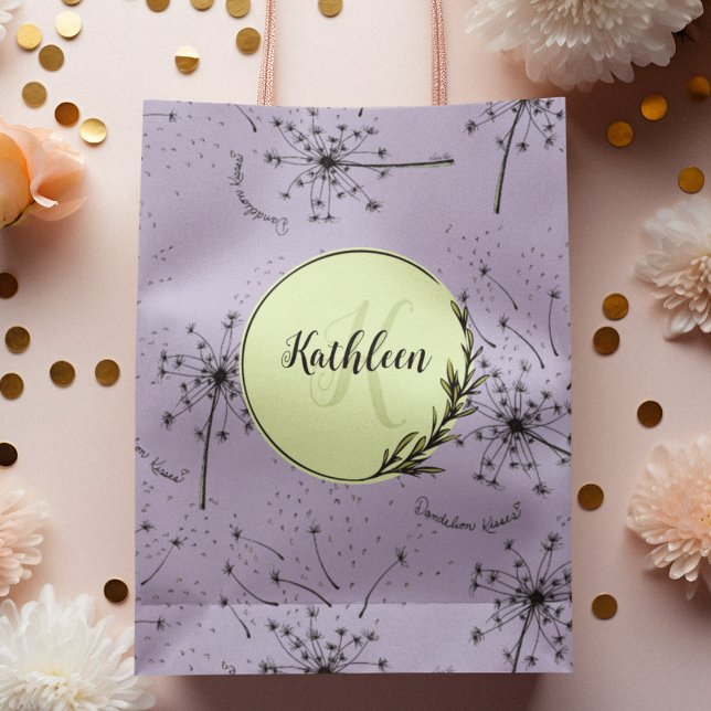 Delicate Purple Wildflower Dandelion Kisses Floral Medium Gift Bag (Hand-drawn blowing hearts dandelion seeds on lavender background. Mother's Day, Valentine's, Wedding)