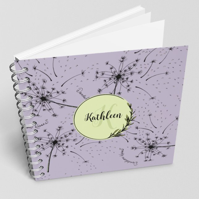 Delicate Purple Wildflower Dandelion Kisses Floral Notebook (Beautiful hand-drawn Dandelion blowing kisses into the wind (tiny hearts). Choose lined/blank pages)