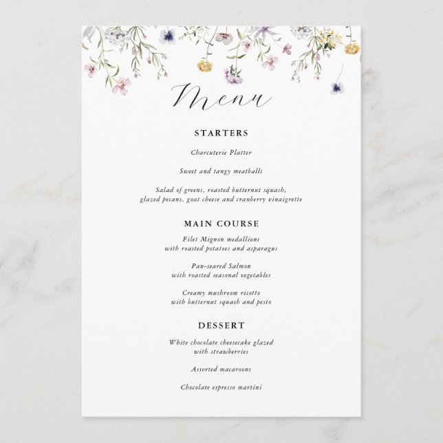 Delicate Purple Wildflower Wedding Menu (Front)