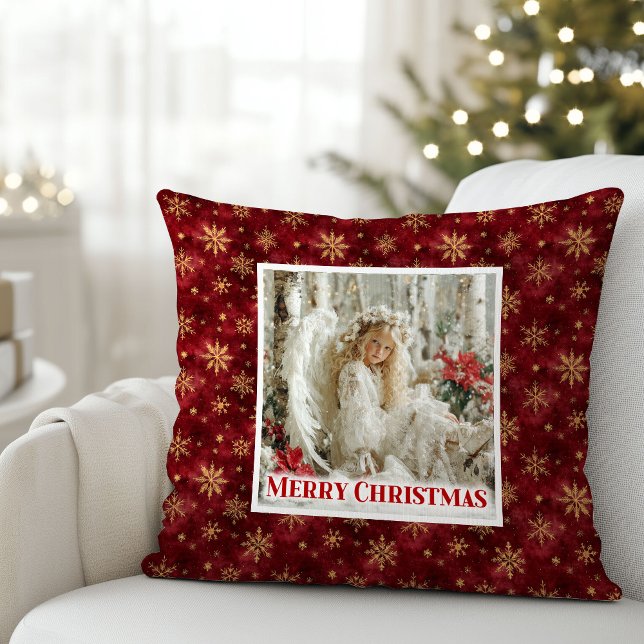 Delicate Red and Gold Angel Vintage Christmas  Cushion (Delicate Red and Gold Angel Vintage Christmas Pillow)