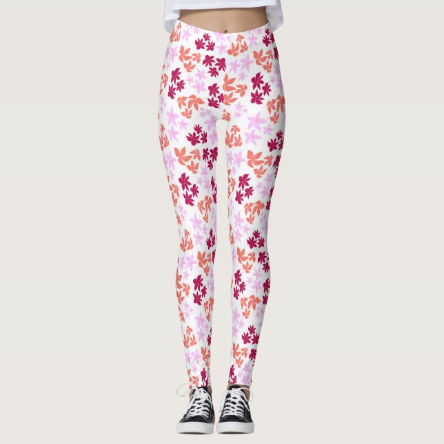Delicate red and pink floral pattern on soft white leggings (Front)