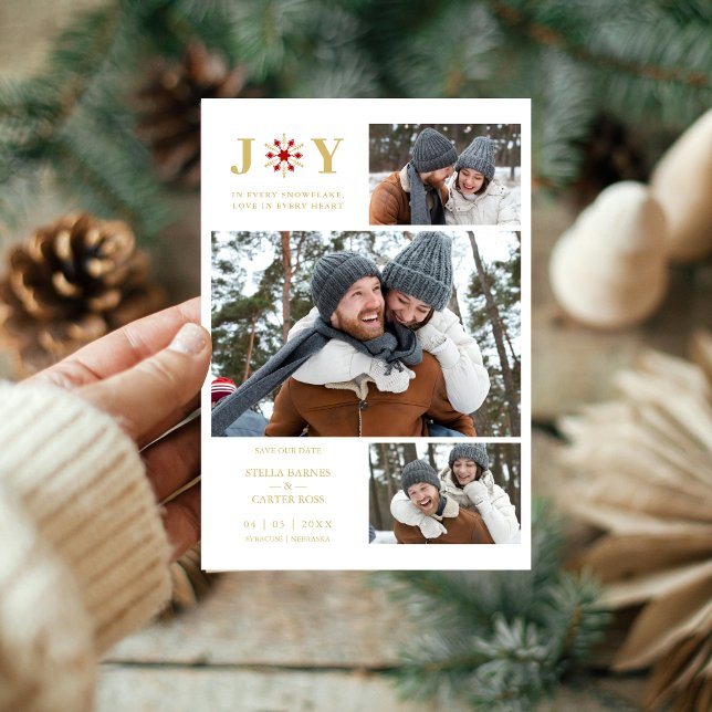 Delicate Red & Fake Gold SnowFlake 3 Photos Save The Date (Delicate Red & Fake Gold SnowFlake 3 Photos Collage Holiday Card with Envelope.)