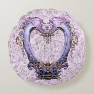 Delicate Rococo Lilac Lyra Harp Cotton Round Cushion