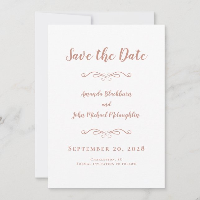 Delicate Romantic Calligraphy Rose Gold Pink Chic Save The Date (Front)