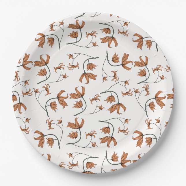 Delicate romantic florals taupe peach caramel paper plate (Front)