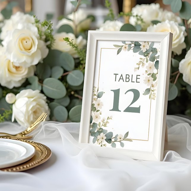 Delicate Romantic Flowers & Eucalyptus Wedding Table Number (Delicate Romantic Flowers and Eucalyptus Branches Frame Wedding Table Number Cards with Soft Pastel.)