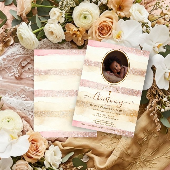 Delicate Romantic Glitter Stripes Baby Baptist Invitation (Delicate Romantic Glitter Stripes Baby Baptist Christening Invitation Card with Oval Photo. )