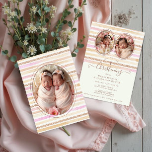 Delicate Romantic Glitter Stripes Twins Baptist Invitation