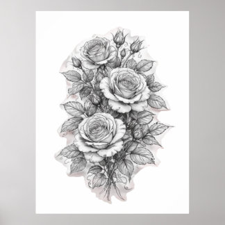 Delicate Romantic Rose Bouquet Sketch  Poster