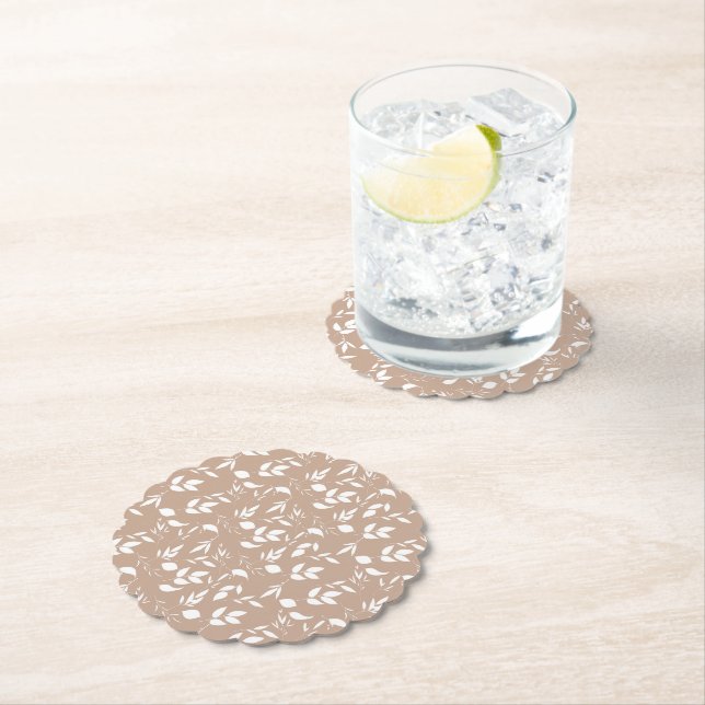 Delicate romantic silhouette florals taupe mocha  paper coaster (Insitu)