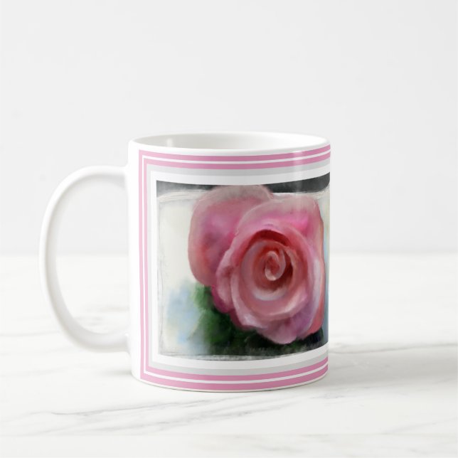 Delicate Rose framed with pink & grey border Coffee Mug (Left)