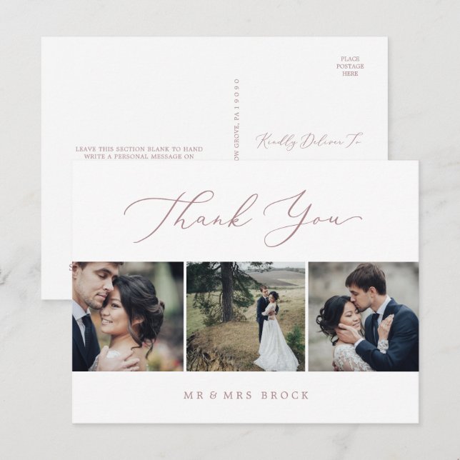 Delicate Rose Gold 3 Photo Template Thank You Postcard (Front/Back)