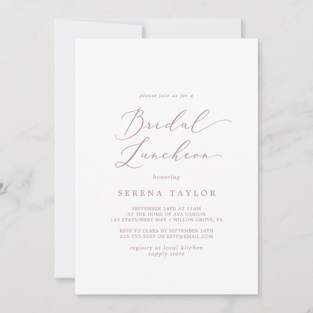 Delicate Rose Gold Calligraphy Bridal Luncheon Invitation (Front)