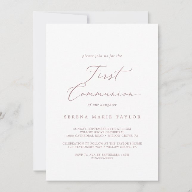 Delicate Rose Gold Calligraphy First Communion Invitation (Front)