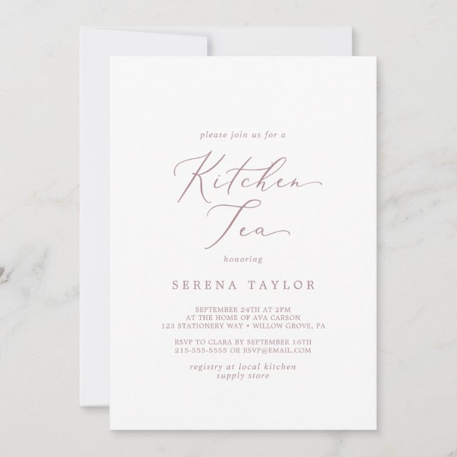 Delicate Rose Gold Calligraphy Kitchen Tea Invitation (Front)