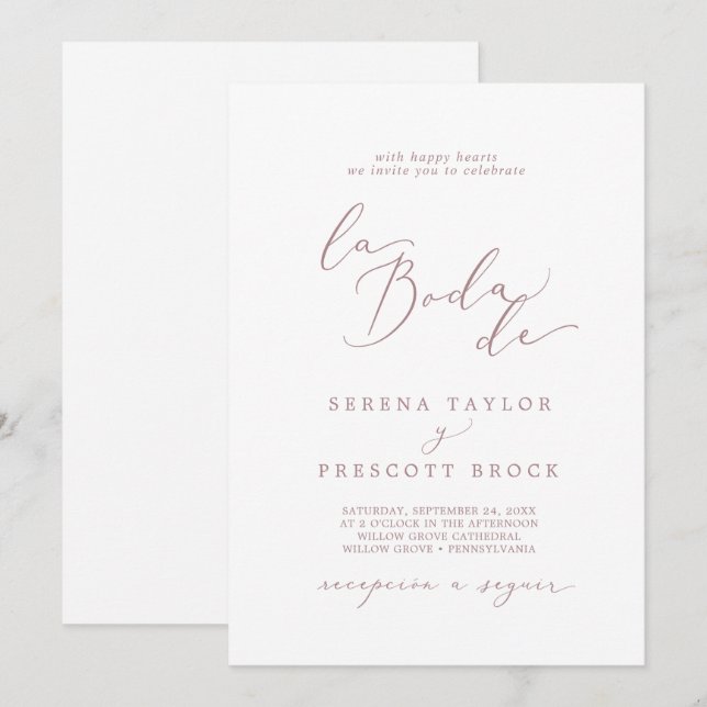 Delicate Rose Gold Calligraphy La Boda De Wedding Invitation (Front/Back)