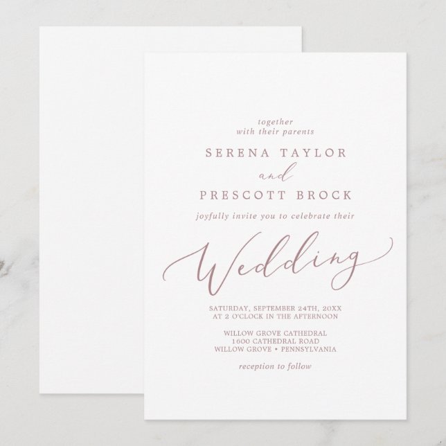 Delicate Rose Gold Calligraphy Wedding Invitation (Front/Back)