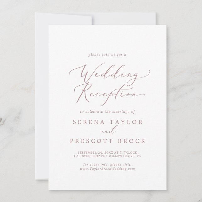 Delicate Rose Gold Calligraphy Wedding Reception Invitation (Front)