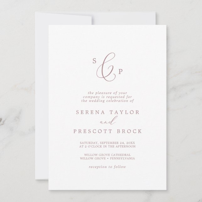Delicate Rose Gold Formal Monogram Wedding Invitation (Front)