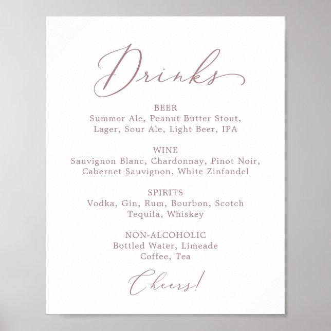 Delicate Rose Gold Wedding Drink Menu Sign (Front)