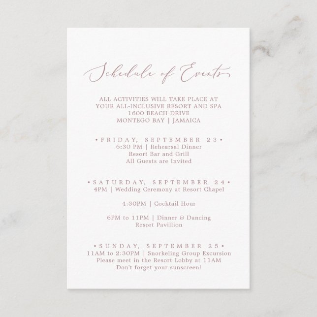 Delicate Rose Gold Weekend Schedule of Events Enclosure Card (Front)