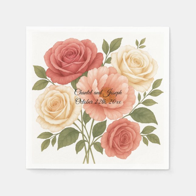 Delicate Rose Peony Personalised Wedding Napkins (Front)
