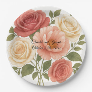 Delicate Rose Peony Personalised Wedding Paper Plate
