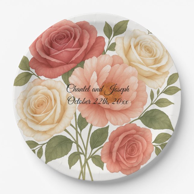 Delicate Rose Peony Personalised Wedding Paper Plate (Front)