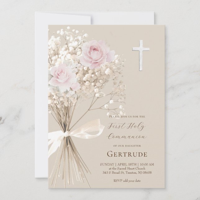 delicate roses and gypsophila First Communion Invitation (Front)