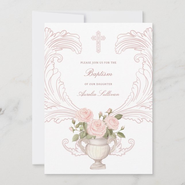 Delicate Roses Frame Baptism Invitation (Front)