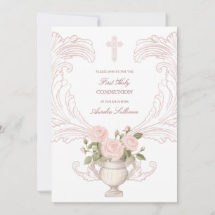 Delicate Roses Frame First Communion Invitation