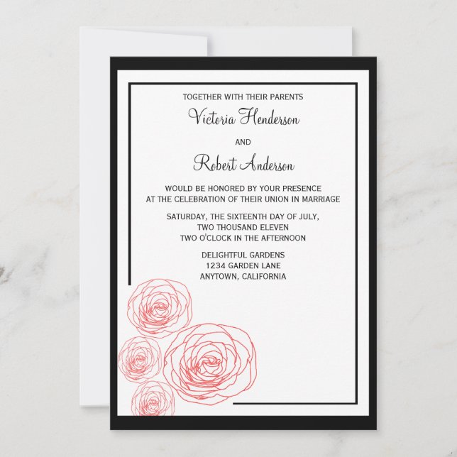 Delicate Roses Wedding Invitation, Black and Red Invitation (Front)