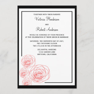 Delicate Roses Wedding Invitation, Black and Red Invitation