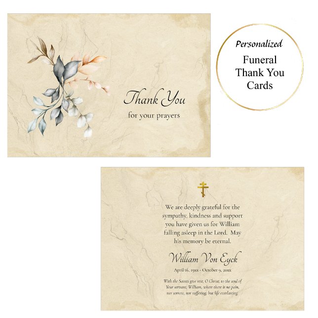 Delicate Rustic Leaves Parchment Orthodox Funeral  Thank You Card (Creator Uploaded)
