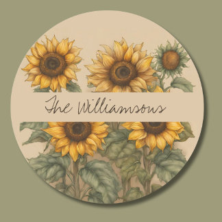 Delicate Rustic Sunflowers Monogram Classic Round Sticker