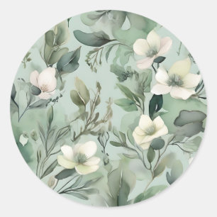 Delicate Sage Green Floral Pattern Classic Round Sticker