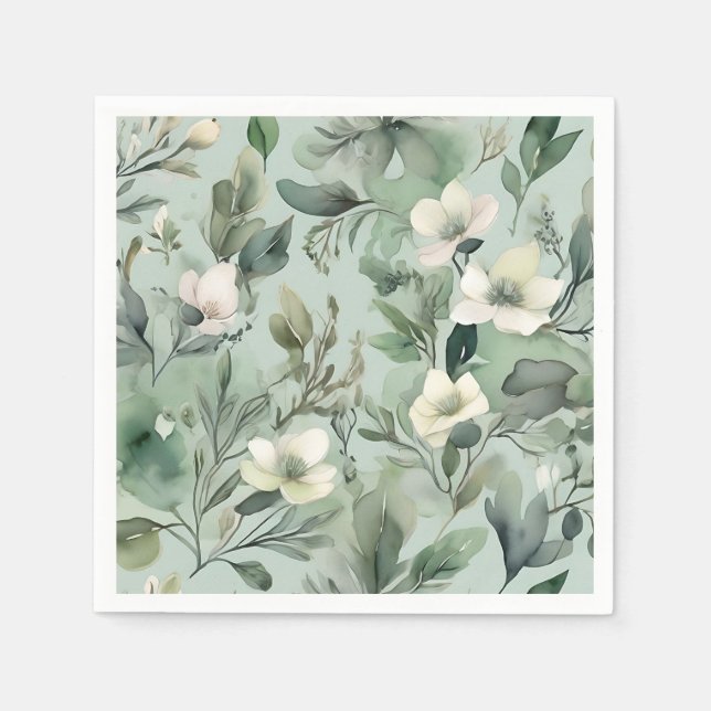 Delicate Sage Green Floral Pattern Napkin (Front)