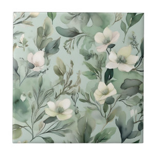 Delicate Sage Green Floral Pattern Tile