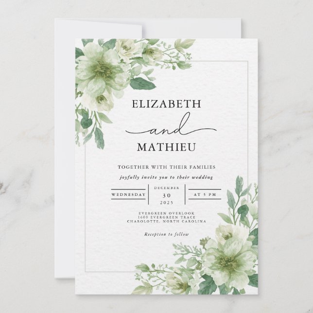 Delicate Sage Green Floral Wedding Invitation (Front)