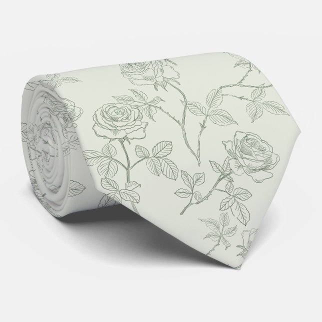 Delicate sage green roses tie (Rolled)