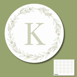 Delicate Sage Green Wreath Monogram  Classic Round Sticker